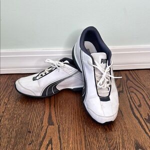 WORN ONCE inside only. Puma Men's White and Navy Blue Running Sneakers. Size 8.
